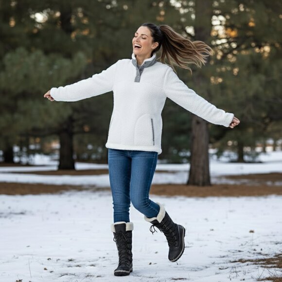 NWT Eddie Bauer Sherpa Fleece Pullover Coconut Milk & Frost Gray Snap-Neck, Sz M - Picture 4 of 16